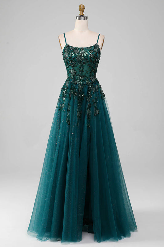 Dark Green Tulle Spaghetti Straps Applique A Line Lace-Up Back Prom Dress