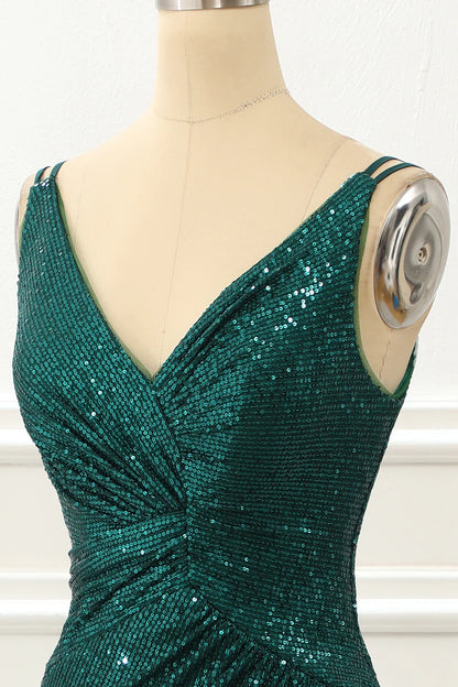 Dark Green V-Neck Spaghetti Straps Sequin Slim-fit Prom Dress With Slit