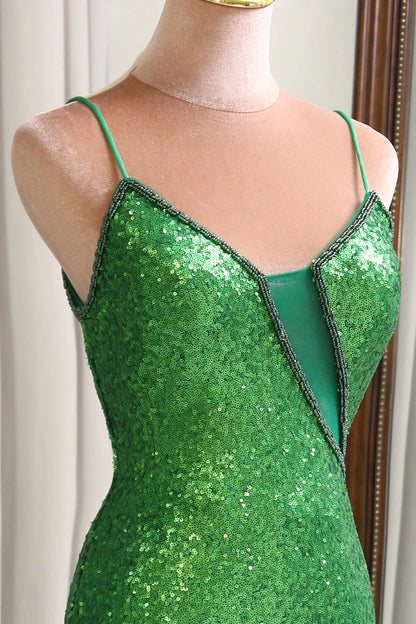 Sparkly V-Neck Mermaid Green Sequins Lace-Up Back Long Prom Dress with Split Front