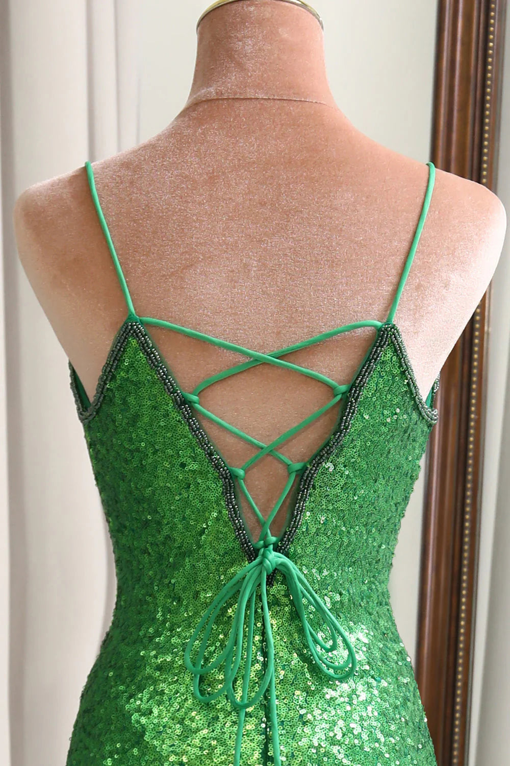 Sparkly V-Neck Mermaid Green Sequins Lace-Up Back Long Prom Dress with Split Front