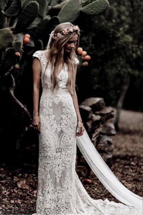 Vintage Lace Rustic Wedding Dresses Cap Sleeve Boho Wedding Gowns