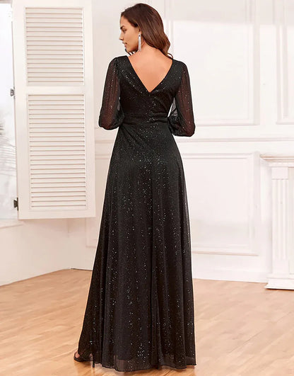 Glitter A-Line Long V-Neck Sleeves Black Mother of The Bride Dress with Slit