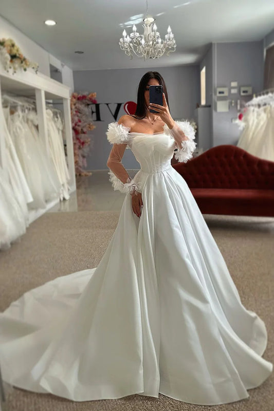 Gorgeous Ball Gown Strapless Off-the-Shoulder Satin Wedding Dresses with Sleeves