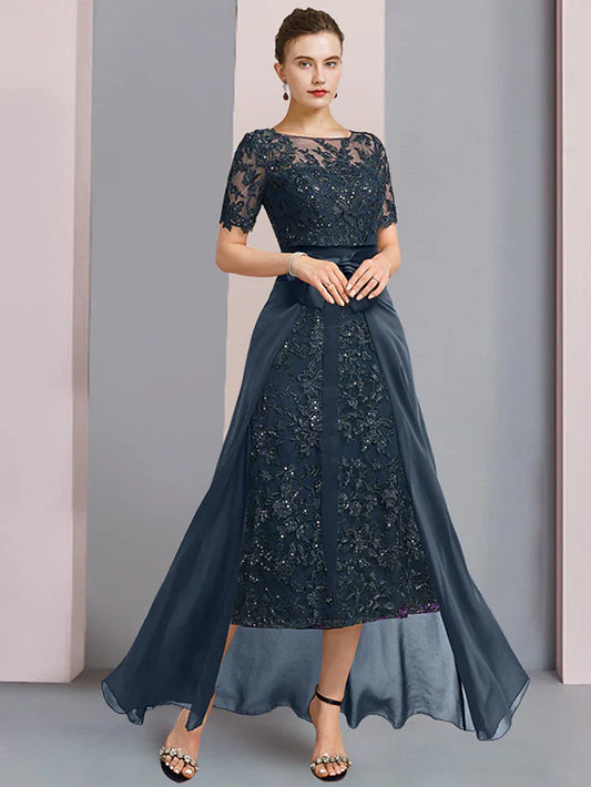 Two Piece A-Line Mother of the Bride Dress Elegant Scoop Neck Tea Length Lace Short Sleeve with Sequin AppliquesTwo Piece A-Line Mother of the Bride Dress Elegant Scoop Neck Tea Length Lace Short Sleeve with Sequin Appliques