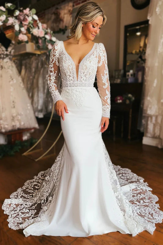 Charming Mermaid Long Sleeve/Sleeveless V Neck Satin Long Wedding Dresses with Appliques