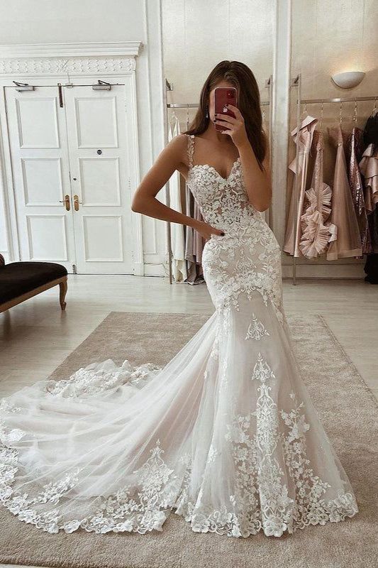 Elegant Mermaid Sweetheart V-Neck Spaghetti Strap Tulle Wedding Dresses with Lace Appliques