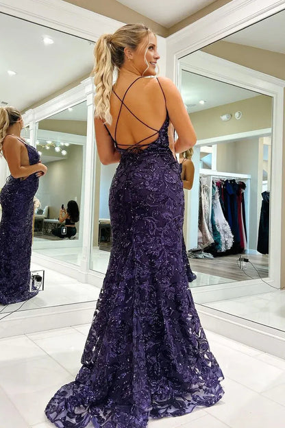 Charming Mermaid V Neck Spaghetti Strap Purple Sequins Backless Long Prom Dresses