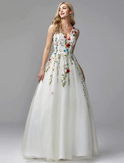 A-Line Special Occasion Dresses White Dress Homecoming Floor Length Sleeveless V Neck Lace with Embroidery Appliques