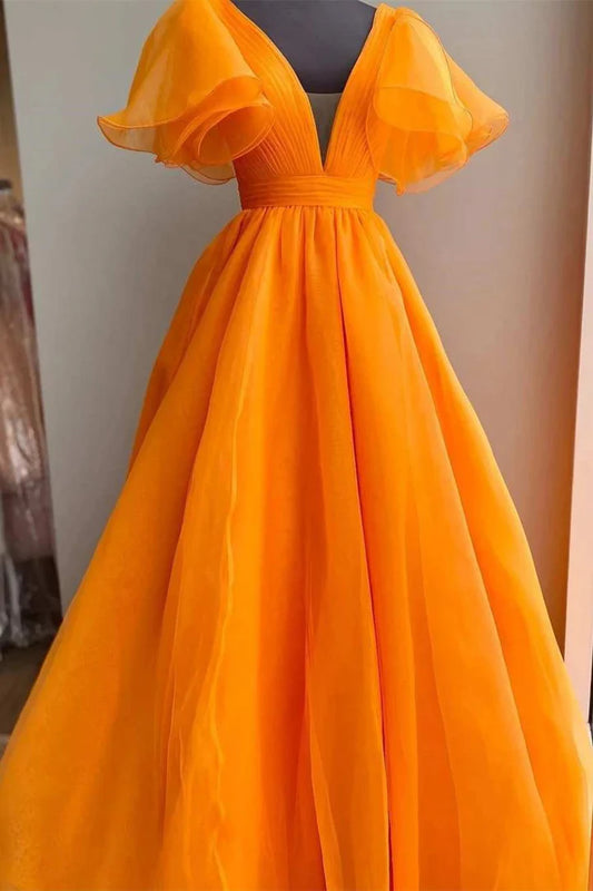 Plunge V Ruffled Sleeve A-Line Long Formal Dress