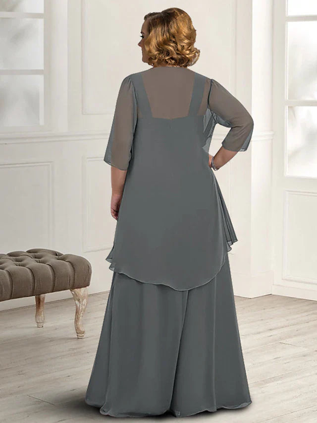 Two Piece A-Line Mother of the Bride Dress Plus Size Elegant Square Neck Floor Length Chiffon Sleeveless Jacket Dresses with Pleats