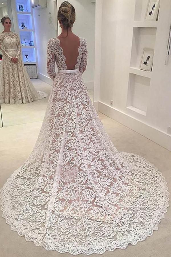 Elegant A-line Lace Backless Wedding Dress With Court Train