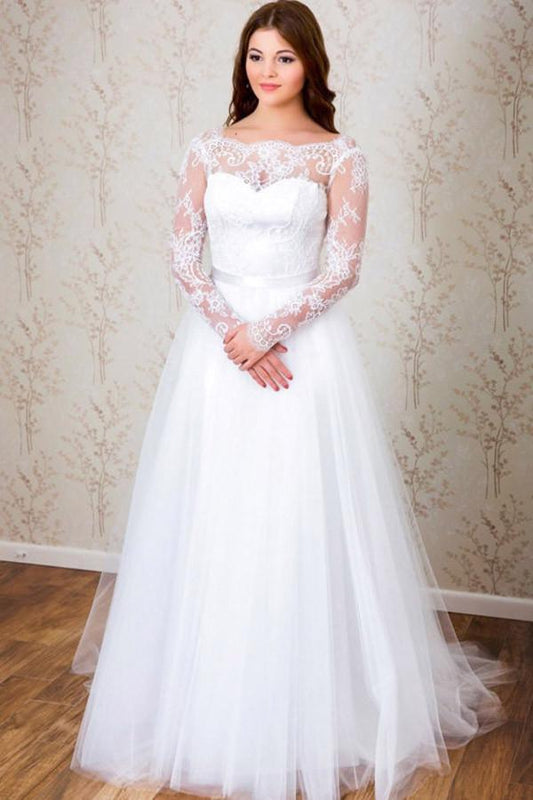 Elegant A-line Long Sleeves White Lace Wedding Dress Bridal Gowns