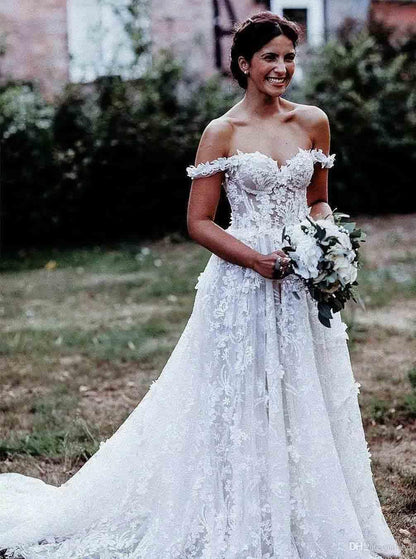 Elegant A-Line Off Shoulder White Tulle Wedding Dress with Appliques