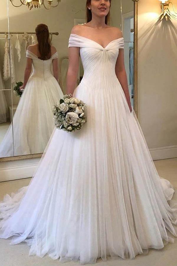 Elegant A-line Off the Shoulder Tulle Ivory Long Wedding Dresses