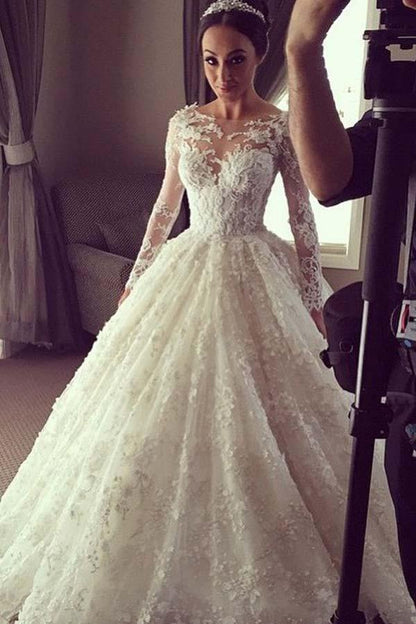 Elegant Ball Gown Lace Long Wedding Dress with Long Illusion Sleeves