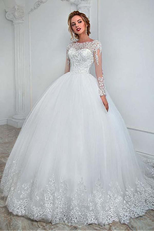Elegant Bateau Neckline Ball Gown Wedding Dress With Lace Appliques