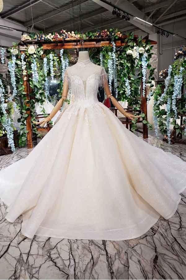 Elegant Cap Sleeves Ball Gown Beading High Neck Wedding Dress