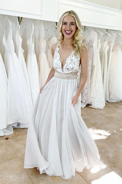 Elegant Criss Cross Deep V-Neck Wedding Dress with Waistband