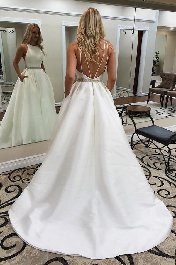 Elegant Jewel Sleeveless Sweep Train Wedding Dress with Pockets