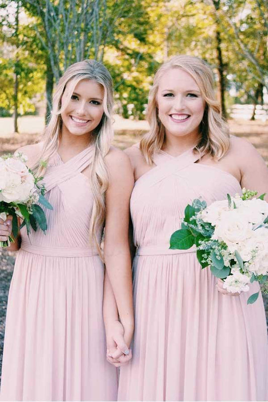 Elegant Long Chiffon Pink Bridesmaid Dress with Sash