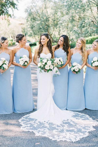 Elegant Sheath Halter Light Blue Satin Long Bridesmaid Dresses