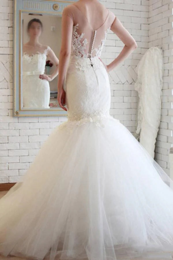 Elegant Sheer Back Tulle Lace Mermaid Wedding Dress