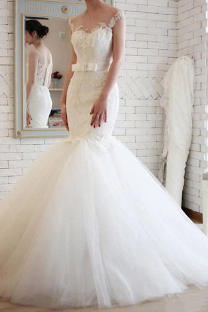 Elegant Sheer Back Tulle Lace Mermaid Wedding Dress