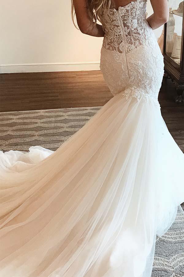 Elegant Sweetheart Mermaid Lace Long Wedding Dress With Beading