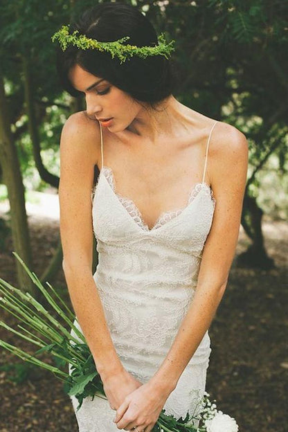 Elegant V-neck Backless White Wedding Dress with Sweep Train