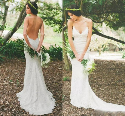 Elegant V-neck Backless White Wedding Dress with Sweep Train