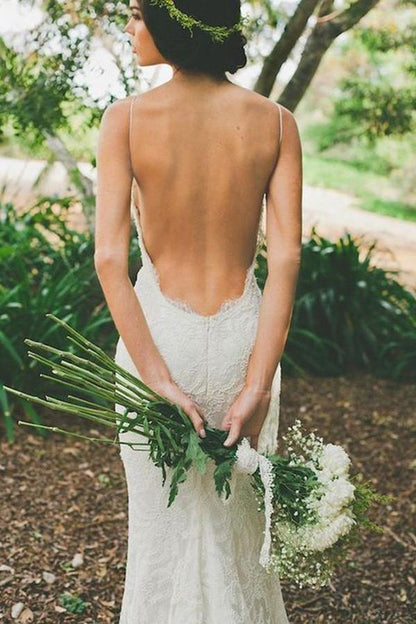 Elegant V-neck Backless White Wedding Dress with Sweep Train