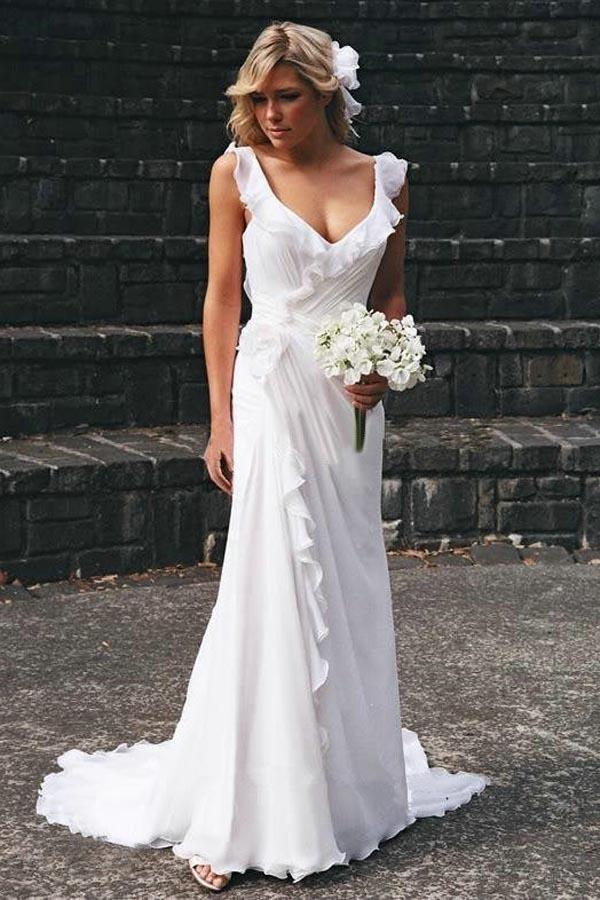 Elegant V-neck Chiffon Ruffles Sleeveless Wedding Dress Bridal Gowns