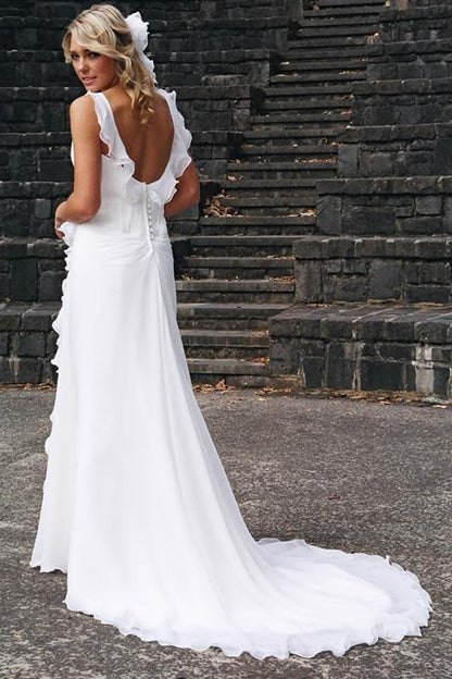 Elegant V-neck Chiffon Ruffles Sleeveless Wedding Dress Bridal Gowns