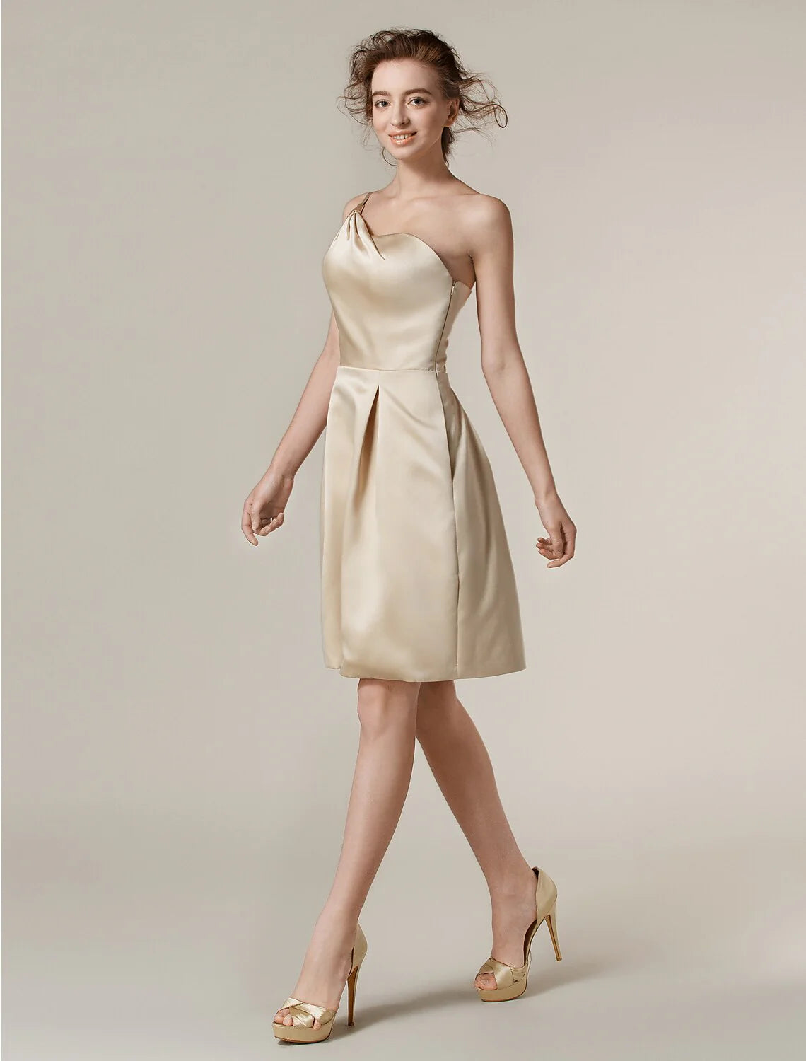 A-Line One Shoulder Knee Length Satin Bridesmaid Dress with Pleats