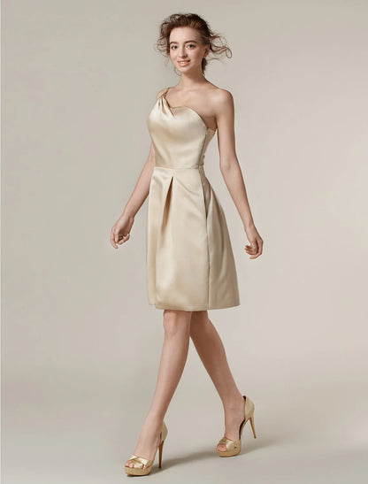 A-Line One Shoulder Knee Length Satin Bridesmaid Dress with Pleats