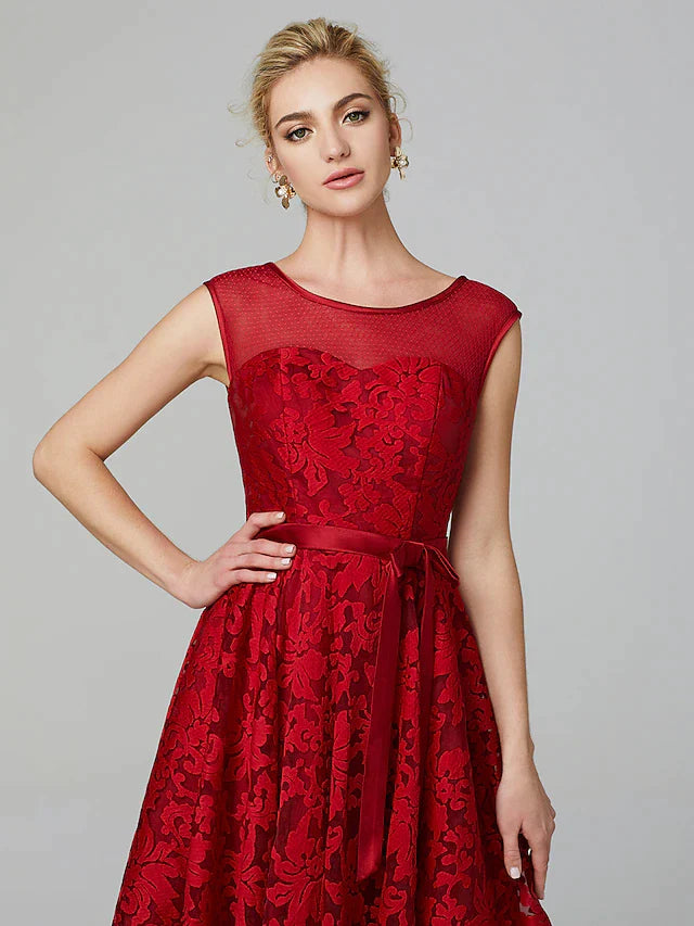 A-Line Elegant Dress Cocktail Party Tea Length Sleeveless Illusion Neck All Over Floral Lace with Pleats