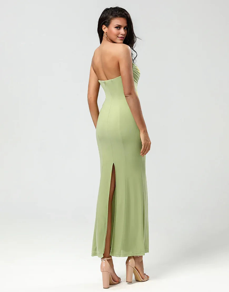 Strapless Off-the-Shoulder Mermaid Lemon Green Long Bridesmaid Dress With Slit