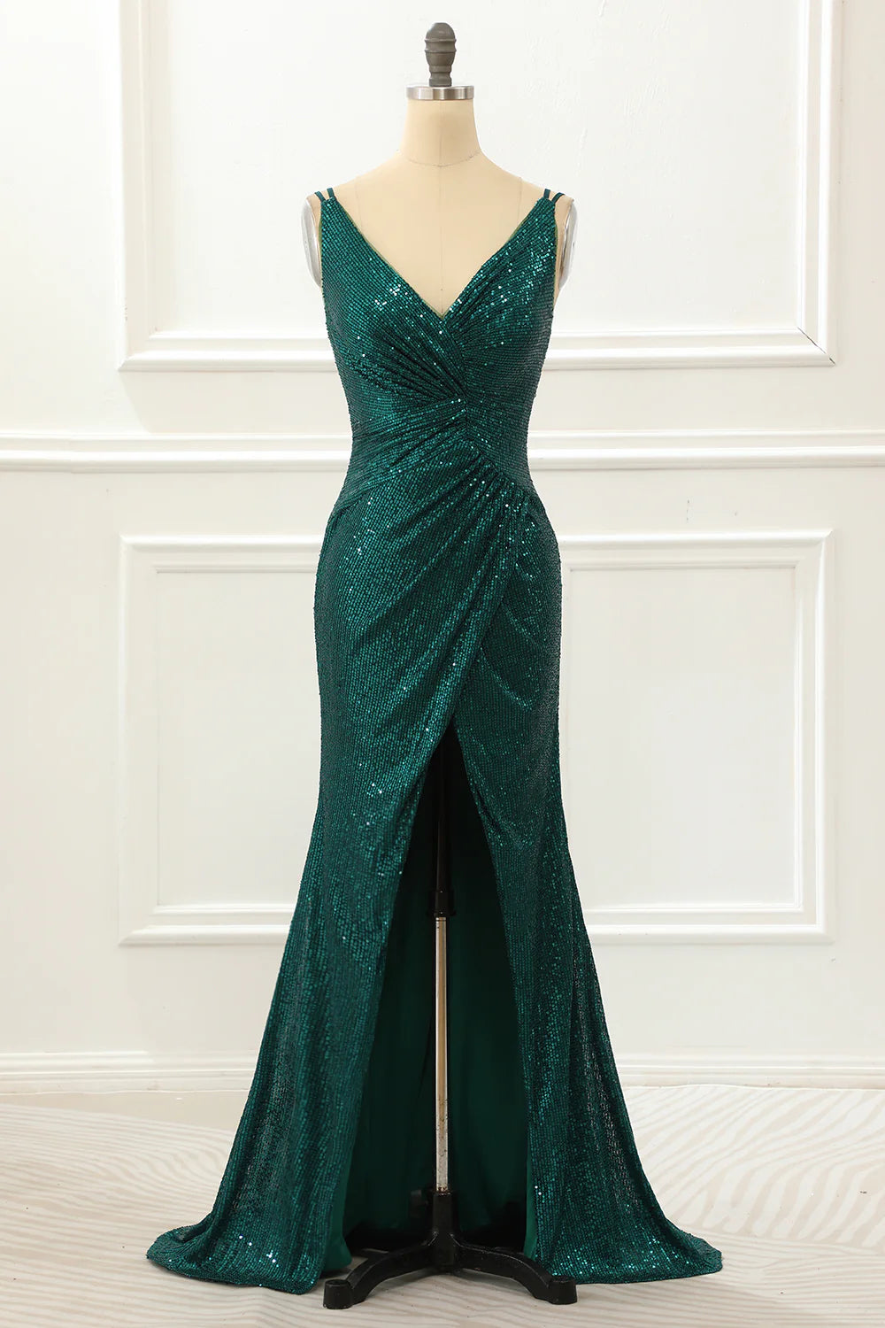 Dark Green V-Neck Spaghetti Straps Sequin Slim-fit Prom Dress With Slit
