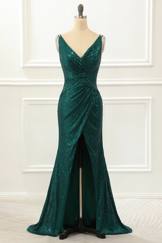 Dark Green V-Neck Spaghetti Straps Sequin Slim-fit Prom Dress With Slit