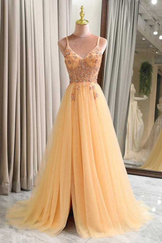 Charming A Line V-Neck Spaghetti Straps Golden Split Fork Long Prom Dress with Beading ﻿