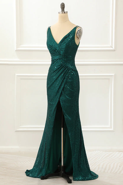 Dark Green V-Neck Spaghetti Straps Sequin Slim-fit Prom Dress With Slit