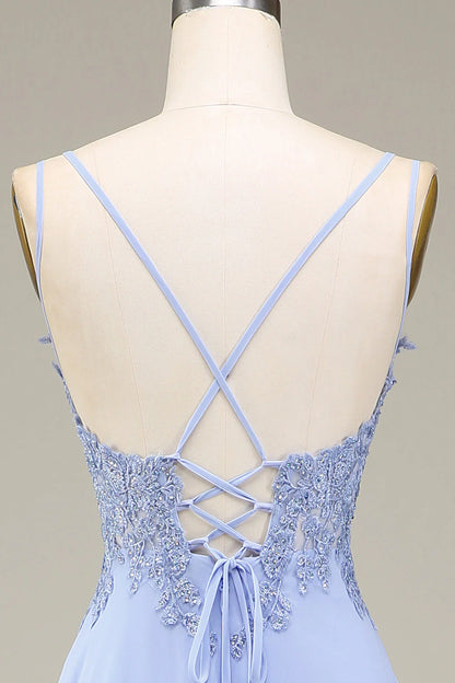 Lavender A-Line V-Neck Spaghetti Straps Lace-Up Back Long Appliques Prom Dress with Slit