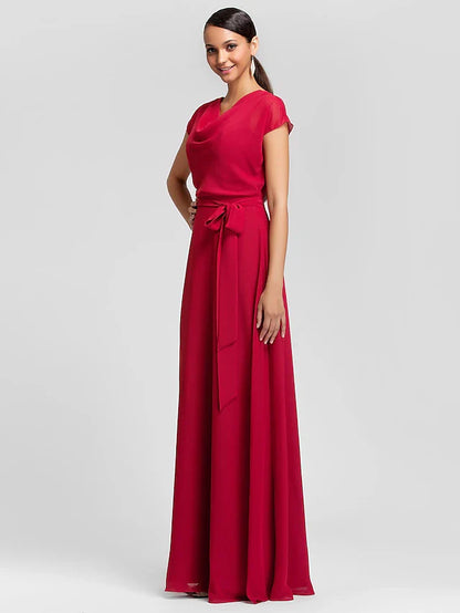 Sheath / Column Bridesmaid Dress Cowl Neck Short Sleeve Elegant Floor Length Chiffon with Sash / Ribbon / Draping