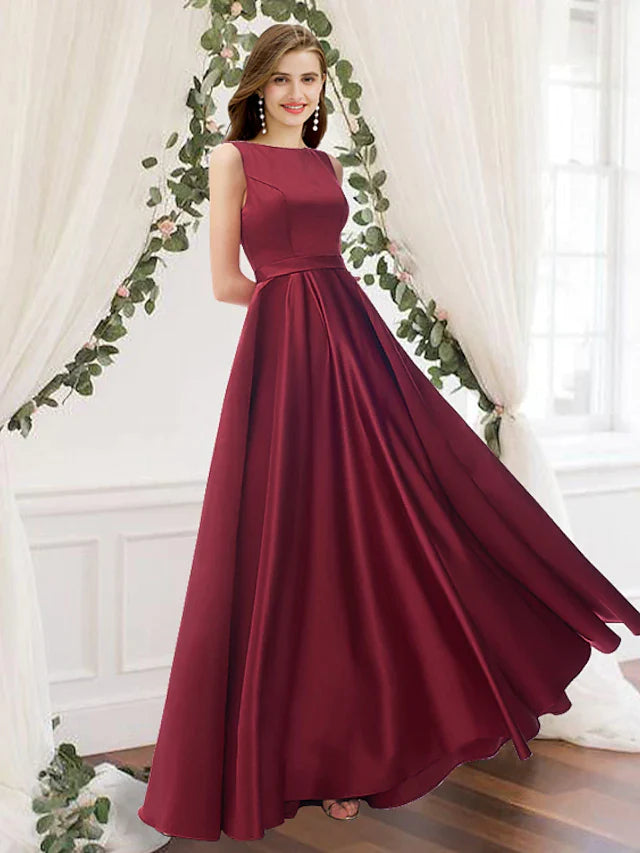 A-Line Bridesmaid Dress Jewel Neck Sleeveless Elegant Floor Length Charmeuse with Pleats