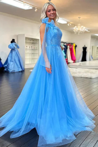 One Shoulder Blue Lace Long Prom Dresses with Slit