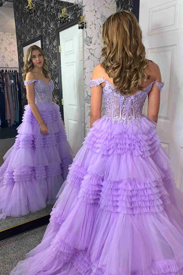 Off the Shoulder Sweetheart Lace Corset Ruffle Prom Dress