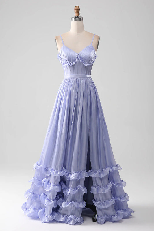 Lavender V-Neck Spaghetti Straps A Line Ruffles Lace-Up Back Prom Dress