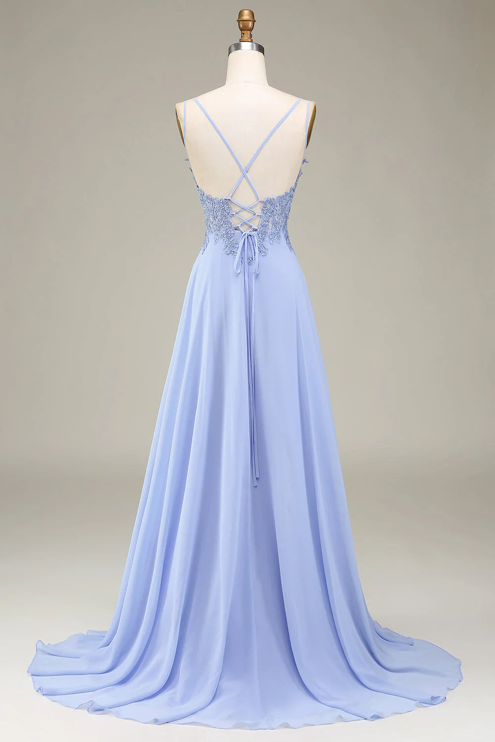 Lavender A-Line V-Neck Spaghetti Straps Lace-Up Back Long Appliques Prom Dress with Slit