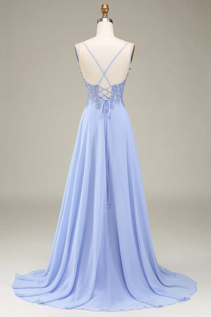 Lavender A-Line V-Neck Spaghetti Straps Lace-Up Back Long Appliques Prom Dress with Slit
