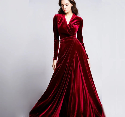 Autumn Winter Evening dress Elegance Velvet Dress V Neck Long sleeves Unique Wrap oneself up Bridesmaid Dress